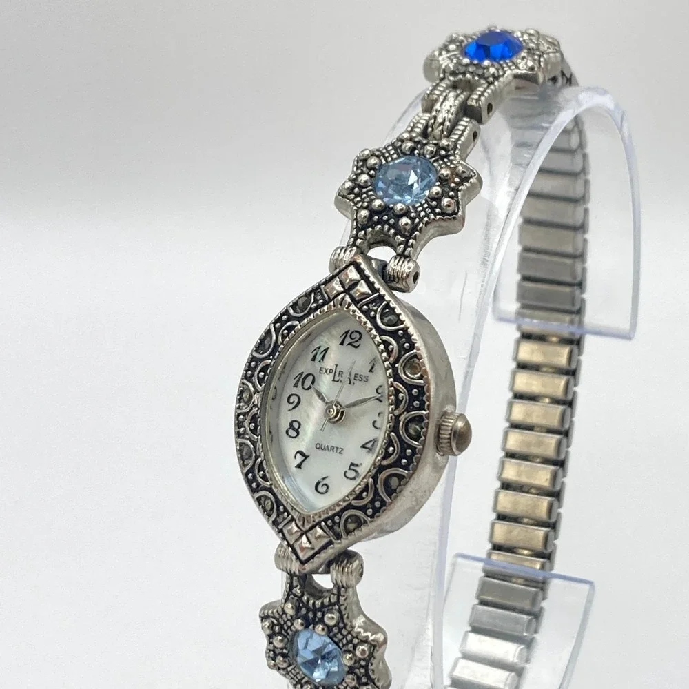Vtg LA Express Women's Watch MISSING STONE Silver Tone Blue Crystals New Battery